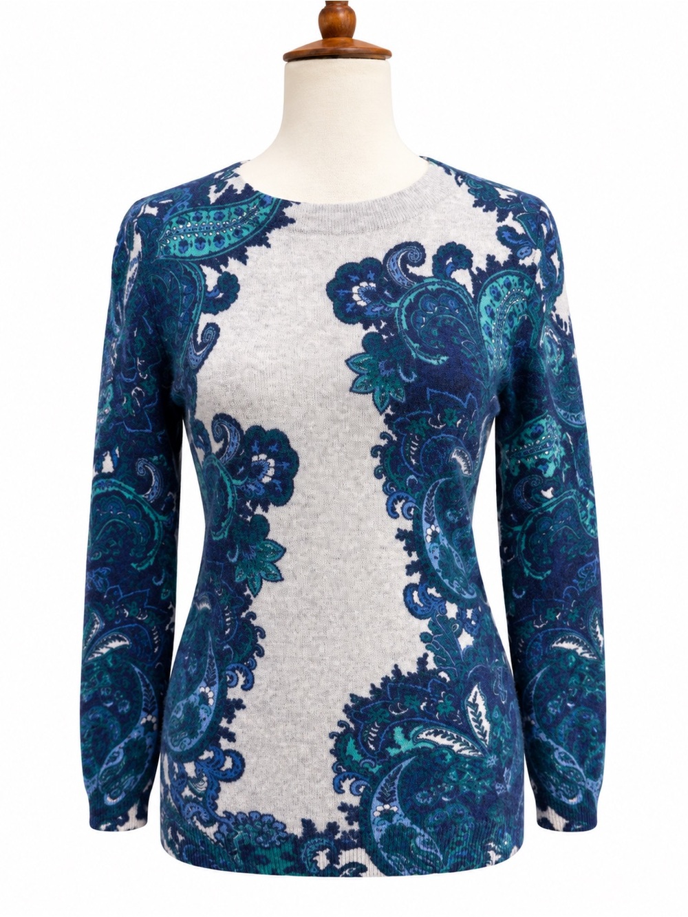 Talbots Blue Paisley Crewneck Sweater - Teal & Navy Petites Pure Cashmere S